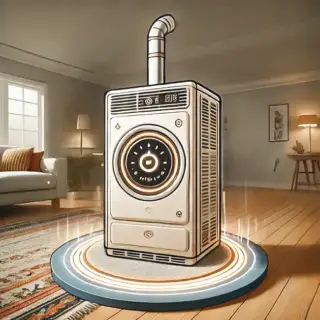 A comical depiction of an old furnace in the middle of a living room.