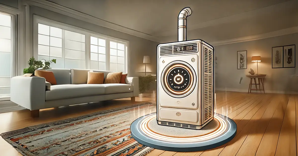 A comical depiction of an old furnace in the middle of a living room.