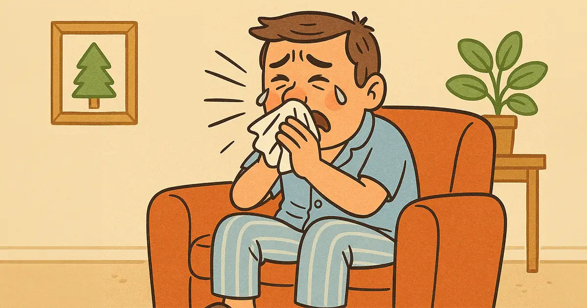 Cartoon of a man miserably sneezing on his sofa.