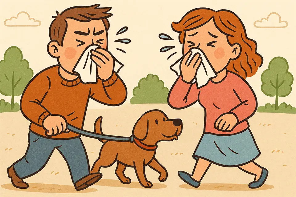 A cartoon image of a couple walking their dog while blowing their noses.