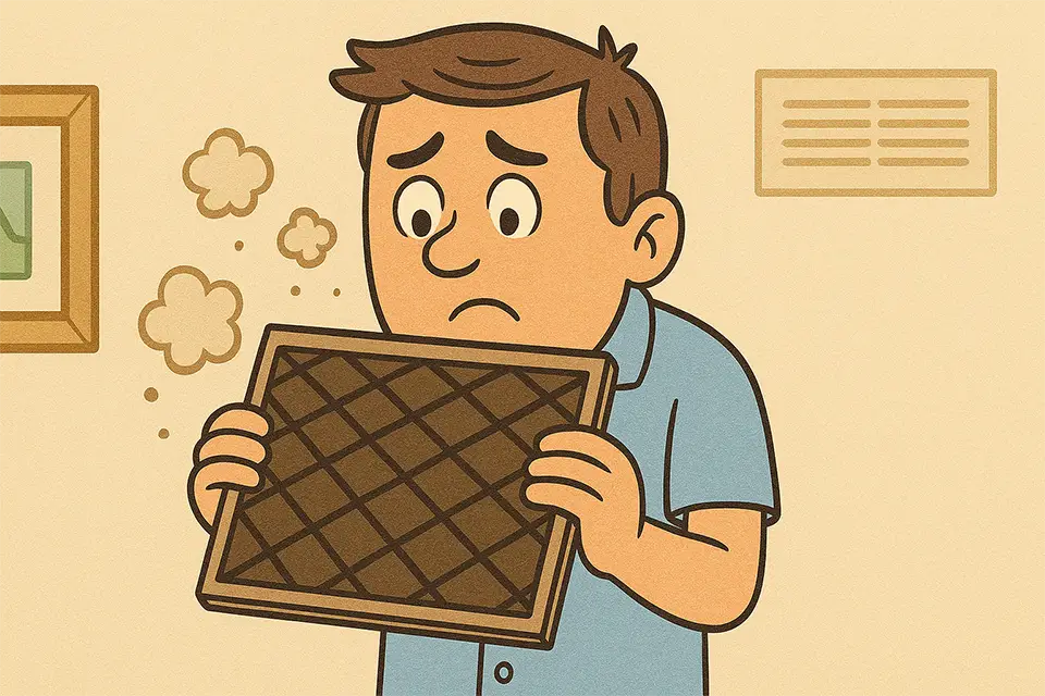 Cartoon of a man looking at his dirty AC filter.