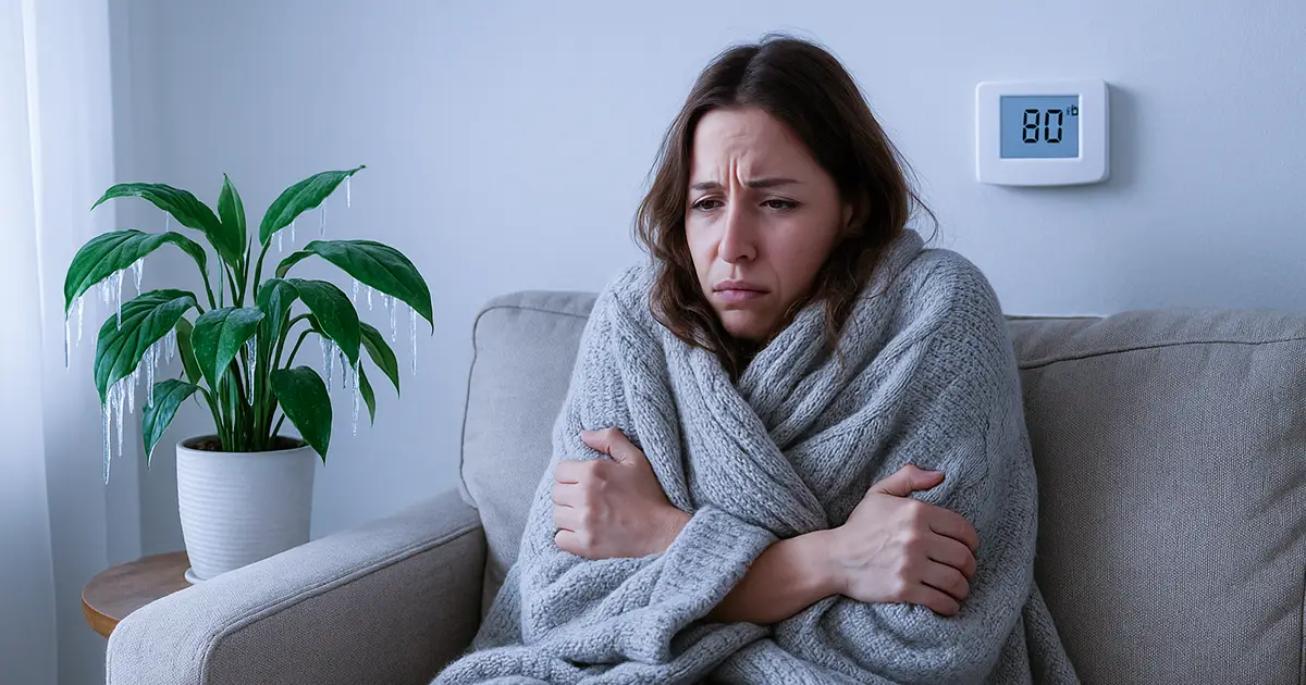 A woman is freezing cold on her couch as her thermostat is set to 80