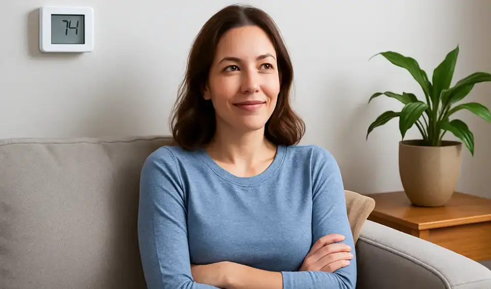 Woman sitting comfortably on her couch in perfect temperature in her home.