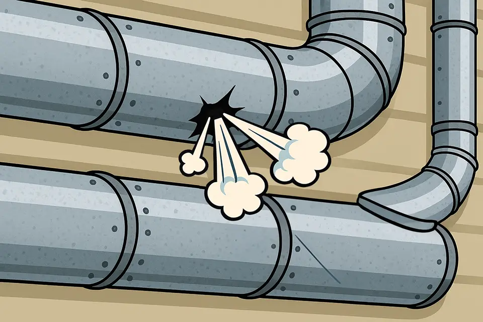 Air blasts from a hole in this air duct.