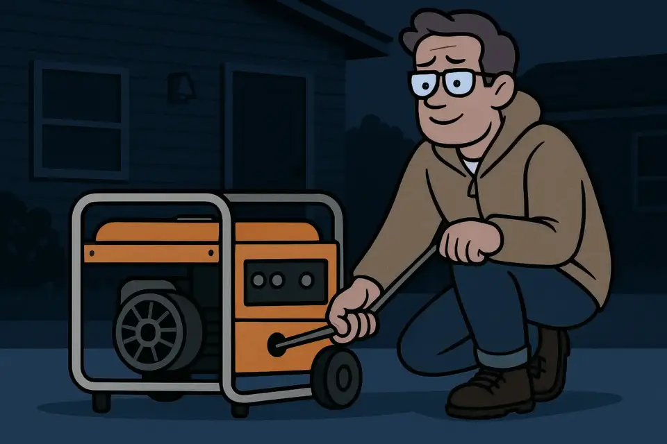 A man starts a portable generator to provide electricity to his home during a storm.