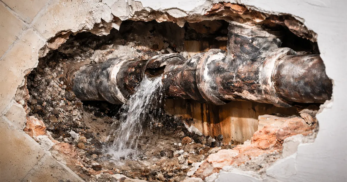 An old, deteriorated pipe that froze during the cold winter and burst.