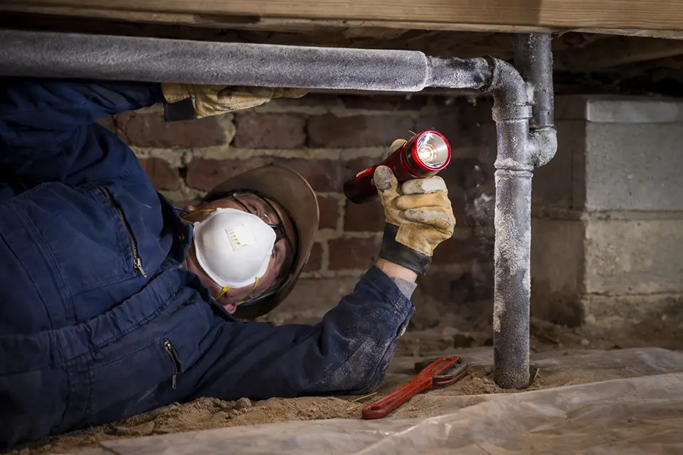 A man with a flashlight inspecting his pipes in his home's crawlspace.